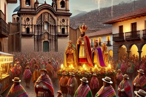 A festive scene of the Bajada de Reyes (Epiphany) celebration in Cusco, Peru.
