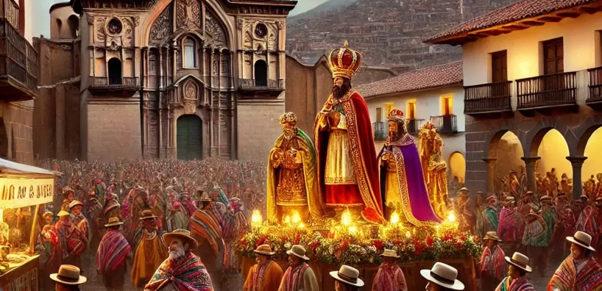 A festive scene of the Bajada de Reyes (Epiphany) celebration in Cusco, Peru.